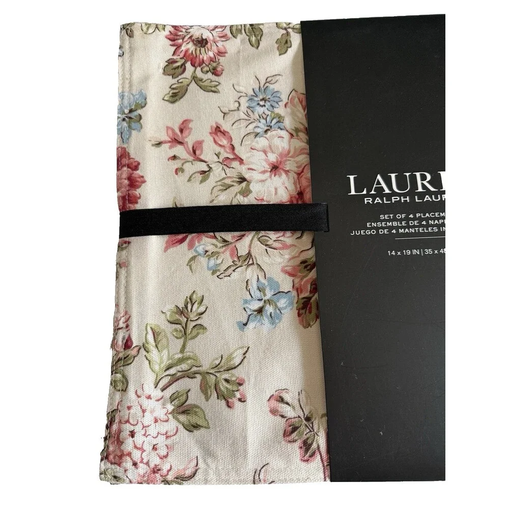 Ralph Lauren Floral Placemats 100% Cotton 14 X 19 Beige Pink Blue Machine Wash